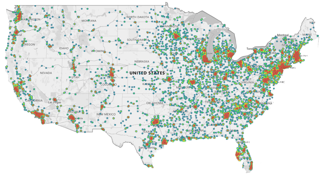 Map of auto glass businesses across the United States